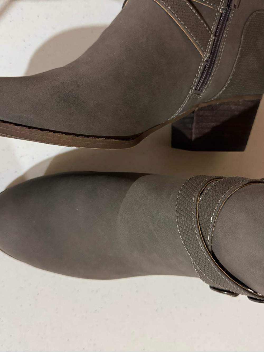 Life Stride Gray Taupe Ankle Booties with Strap Detail